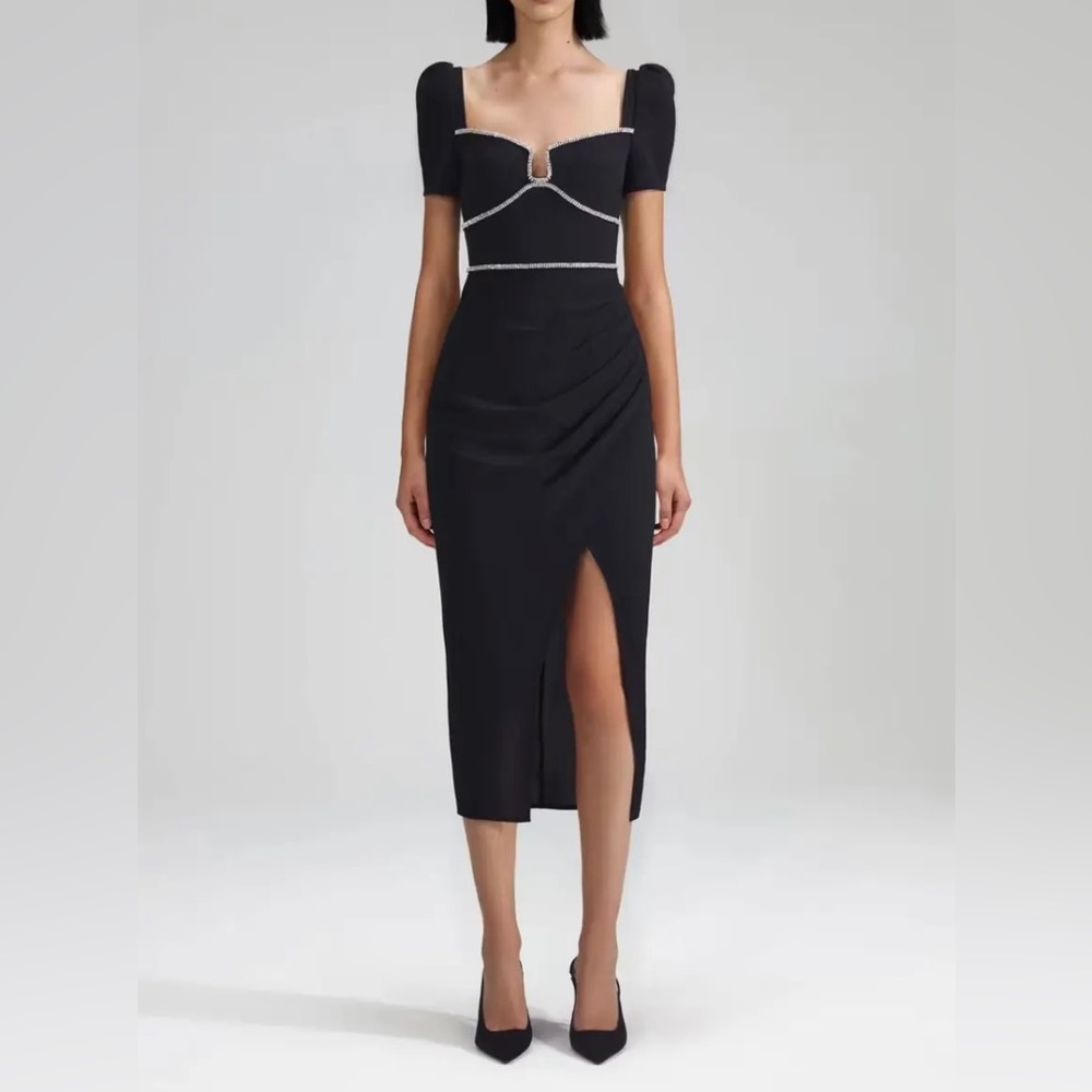 Self-Portrait Black Midi Dress with White Trim